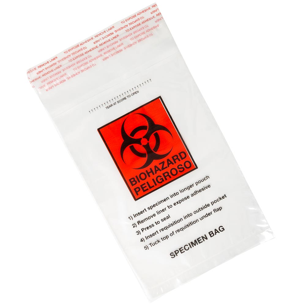 Globe Scientific Bag, Biohazard Specimen Transport, 6" x 9", Glue Seal with Document Pouch, 100/Pack, 10 Packs/Unit Image